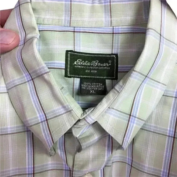 Eddie Bauer Men XL Plaid Poinpoint Oxford Button Down Shirt Cotton Pocket Green - Picture 7 of 7